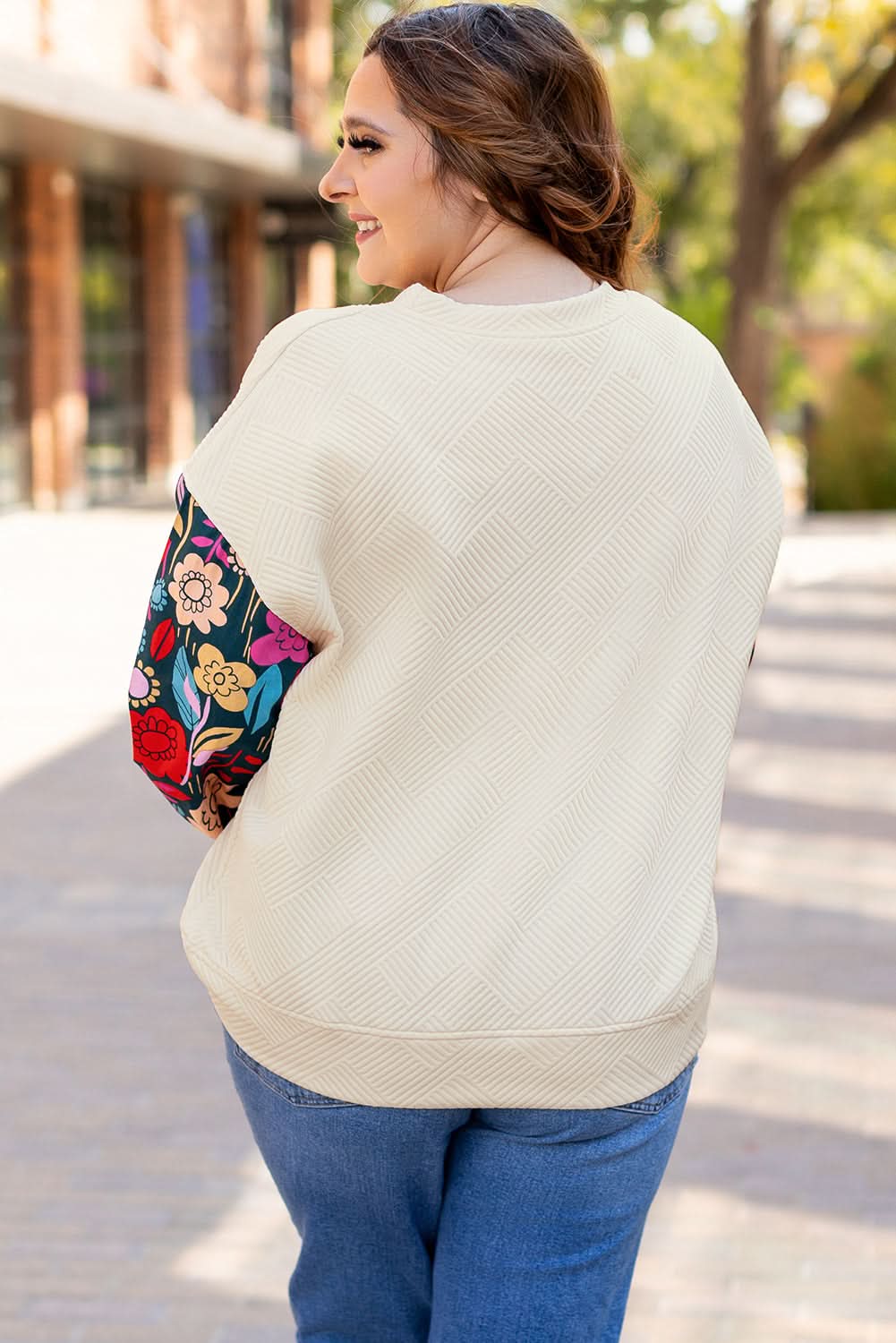 White Floral Patchwork Sleeve Textured Plus Size Pullover Top - Love Salve